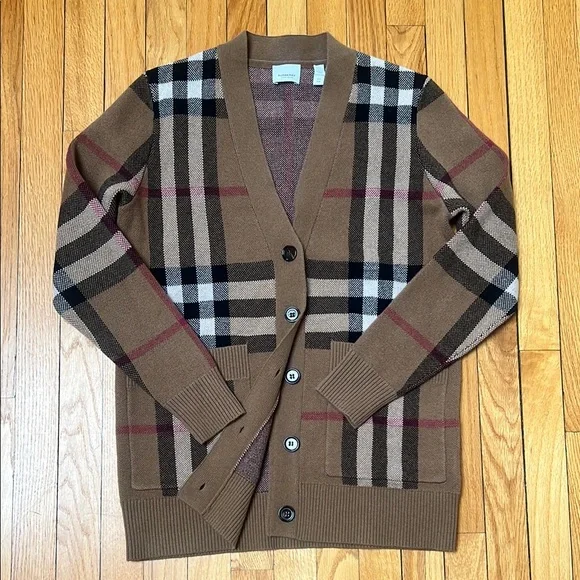 Women’s Burberry Brown Plaid Cardigan Sweater - Picture 1 of 4